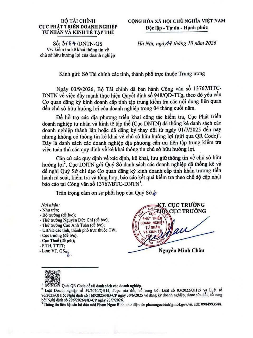 Công văn 3164/DNTN-GS ngày 07/10/2026 của Cục Phát triển doanh nghiệp tư nhân về kiểm tra kê khai chủ sở hữu hưởng lợi