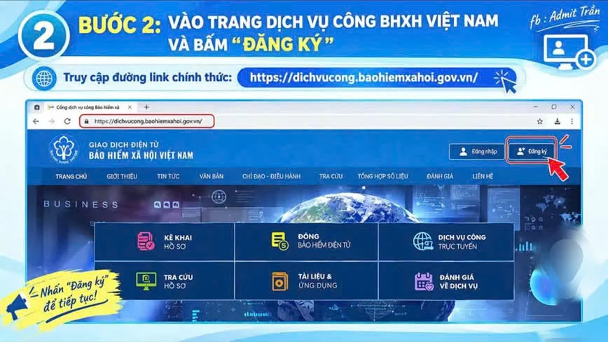 Bước 2 truy cập Cổng Dịch vụ công BHXH Việt Nam dichvucong.baohiemxahoi.gov.vn và bấm Đăng ký