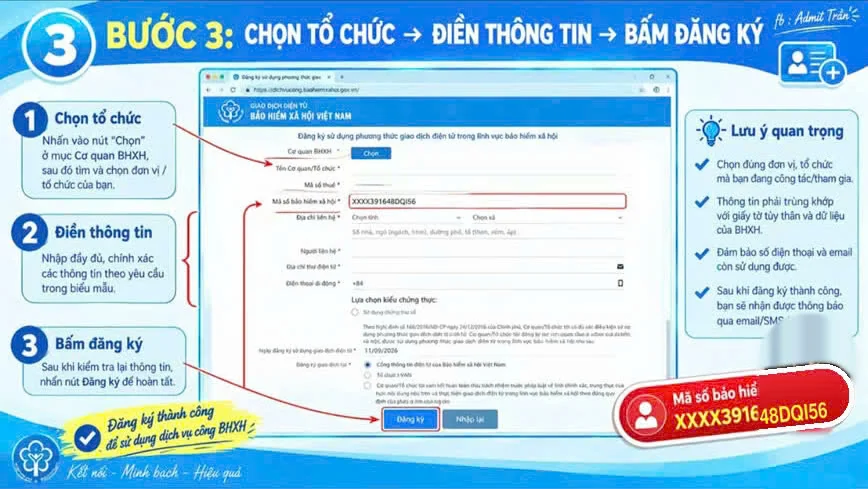 Bước 3 chọn đối tượng Tổ chức, điền thông tin đơn vị với mã BHXH mới và bấm Đăng ký