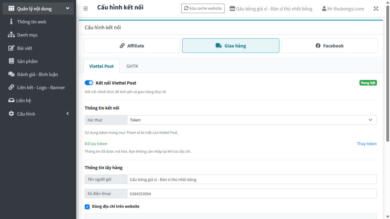 Tab Viettel Post trong CMS Dybi với xác thực Token và thông tin người gửi