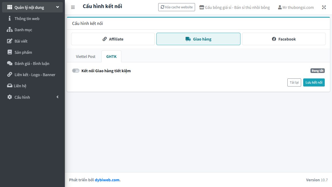 Tab GHTK trong nhóm Giao hàng của CMS Dybi khi kết nối đang tắt