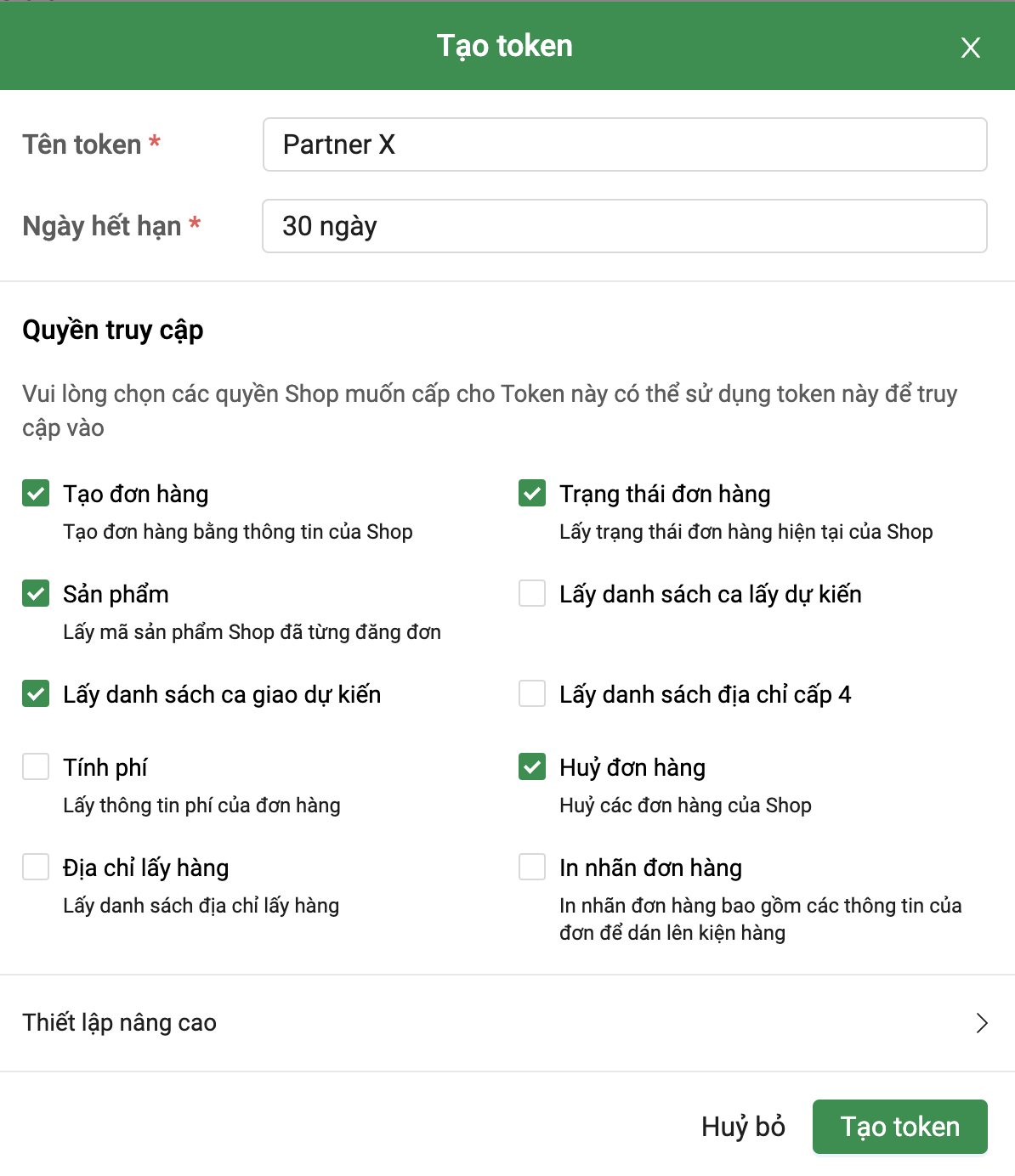 Form tạo token GHTK với tên, thời hạn và các quyền truy cập