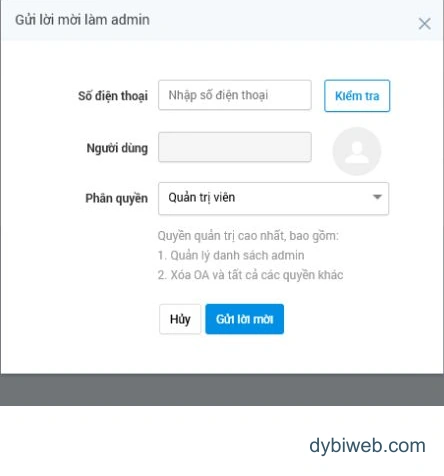 Biểu mẫu mời Admin: nhập số Zalo, kiểm tra người nhận rồi chọn vai trò. Quản trị viên là quyền cao nhất, có cả quyền xóa OA.