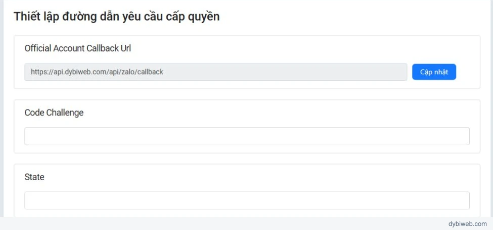 Official Account Callback Url của ứng dụng DybiWeb đã lưu đúng địa chỉ callback do CMS cung cấp.