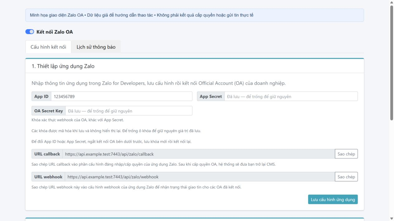 Các ô App ID, App Secret, OA Secret Key, URL callback và URL webhook trong CMS Dybi
