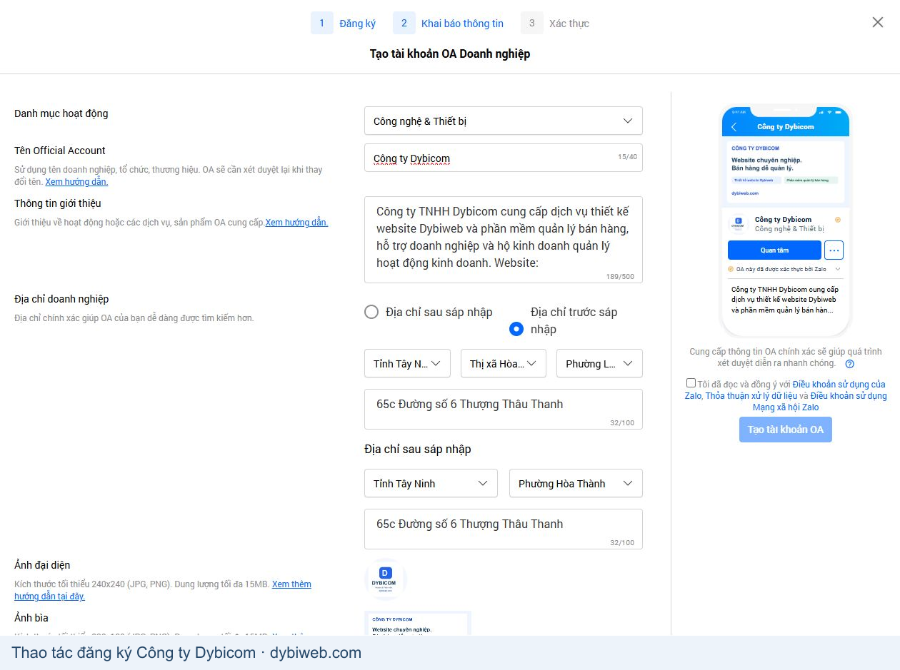 Thông tin Công ty Dybicom được điền trong biểu mẫu tạo Zalo Official Account