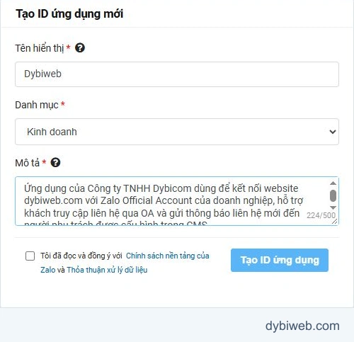 Biểu mẫu tạo ứng dụng trên Zalo Developers với tên Dybiweb và danh mục Kinh doanh. Sau khi gửi, cần kiểm tra ứng dụng đã xuất hiện trong danh sách.