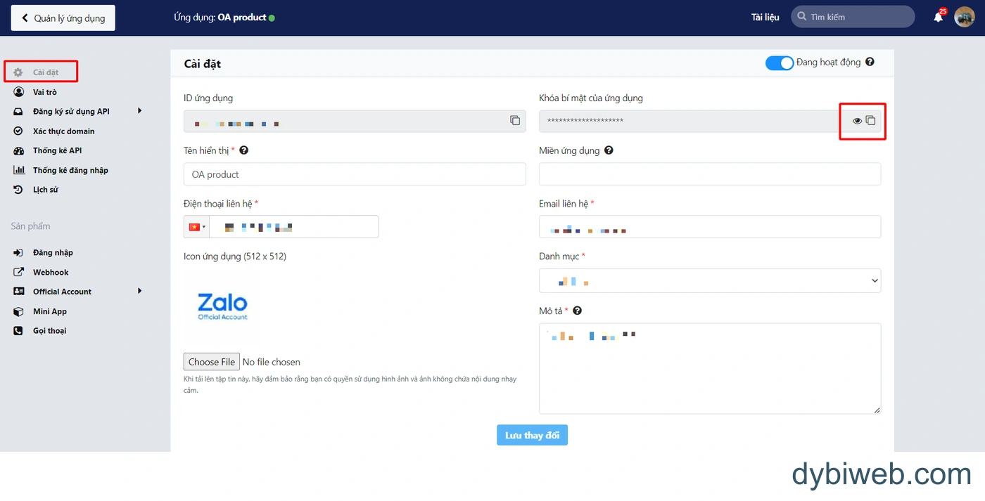 Vị trí ID ứng dụng và Khóa bí mật tại Cài đặt. Ảnh hướng dẫn của Zalo Platforms đã che thông tin; đây không phải thông số ứng dụng của DYBICOM.