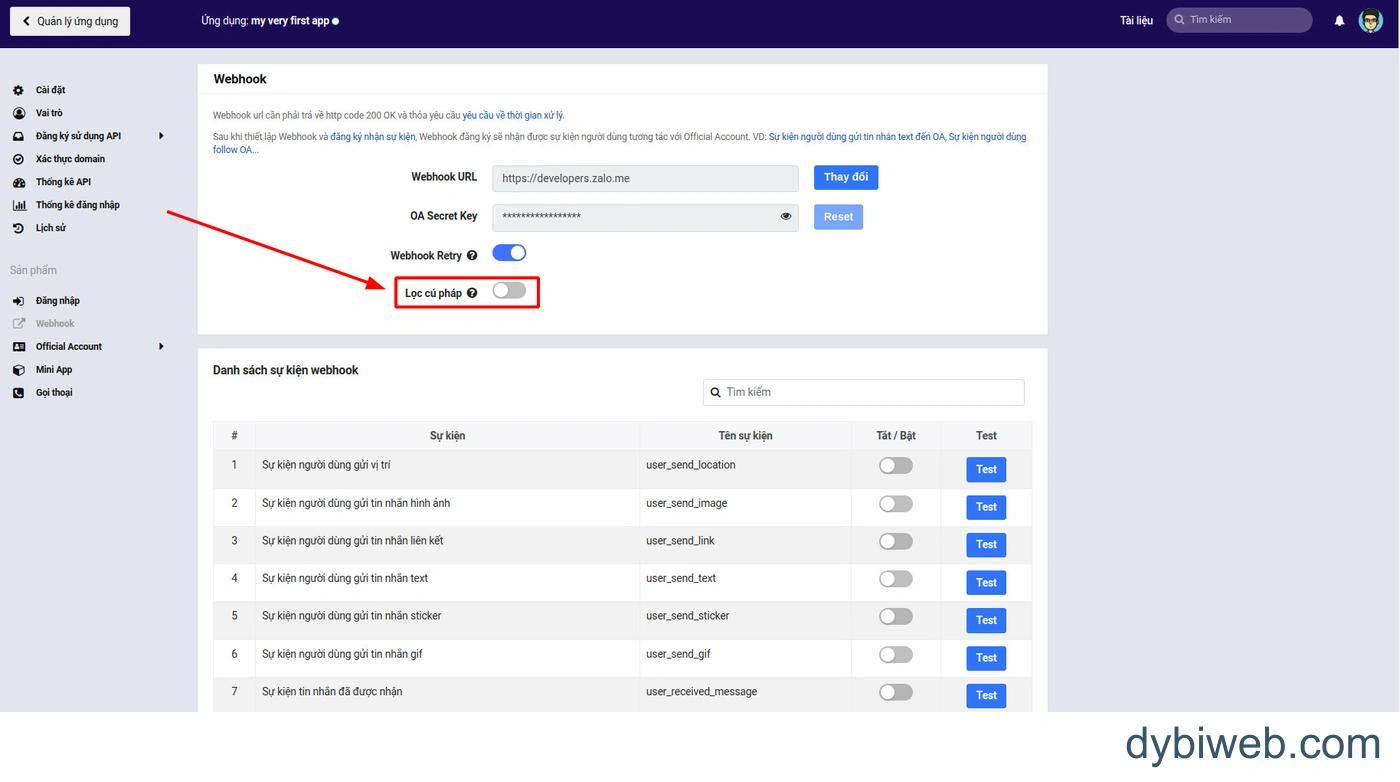 OA Secret Key nằm tại mục Webhook của ứng dụng và là ô khác với Webhook URL. Ảnh từ hướng dẫn Webhook của Zalo; các khóa đang được che.