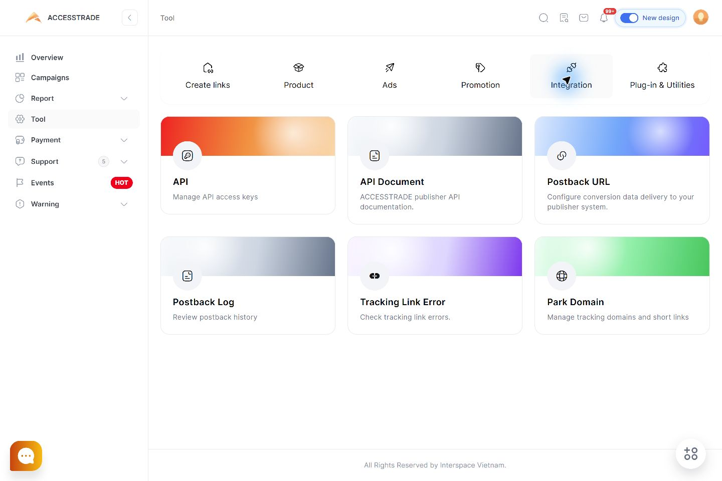 Trang Tool của ACCESSTRADE trong nhóm Integration có các thẻ API, API Document, Postback URL và công cụ tích hợp khác