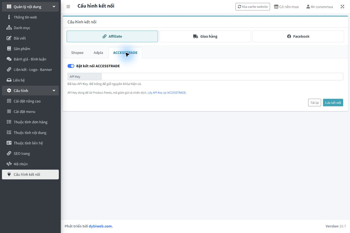 Tab ACCESSTRADE trong CMS Dybi có công tắc bật kết nối, ô API Key, thông báo đã lưu khóa và nút Lưu kết nối