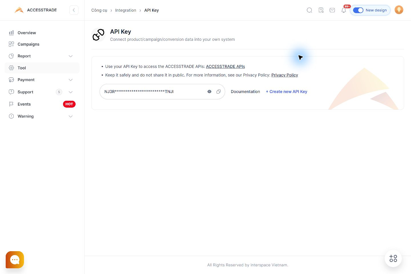 Trang API Key ACCESSTRADE với khóa được che, biểu tượng xem khóa, nút sao chép và liên kết tạo khóa mới