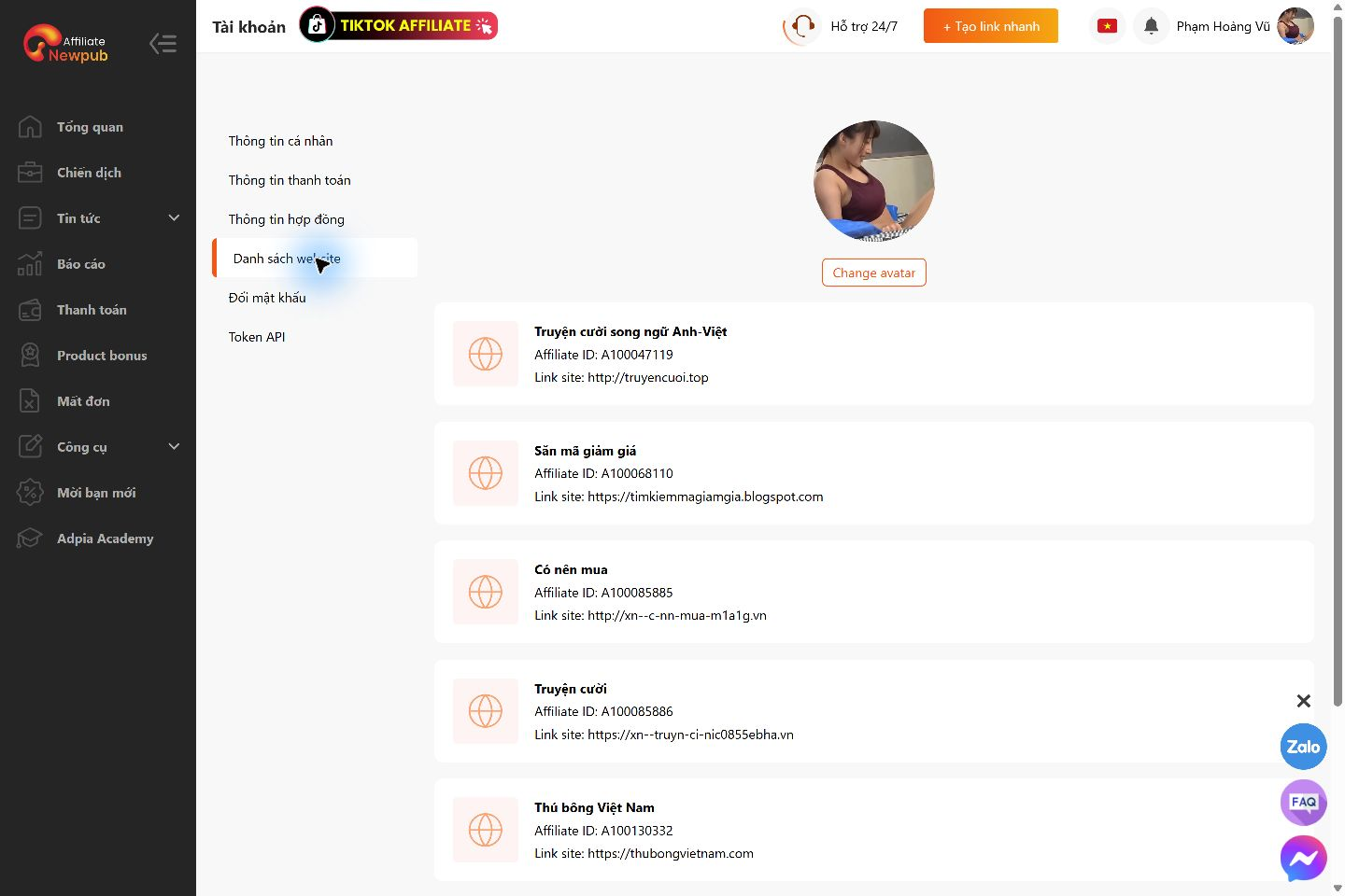 Danh sách website trên ADPIA hiển thị tên website, Affiliate ID và Link site của từng website