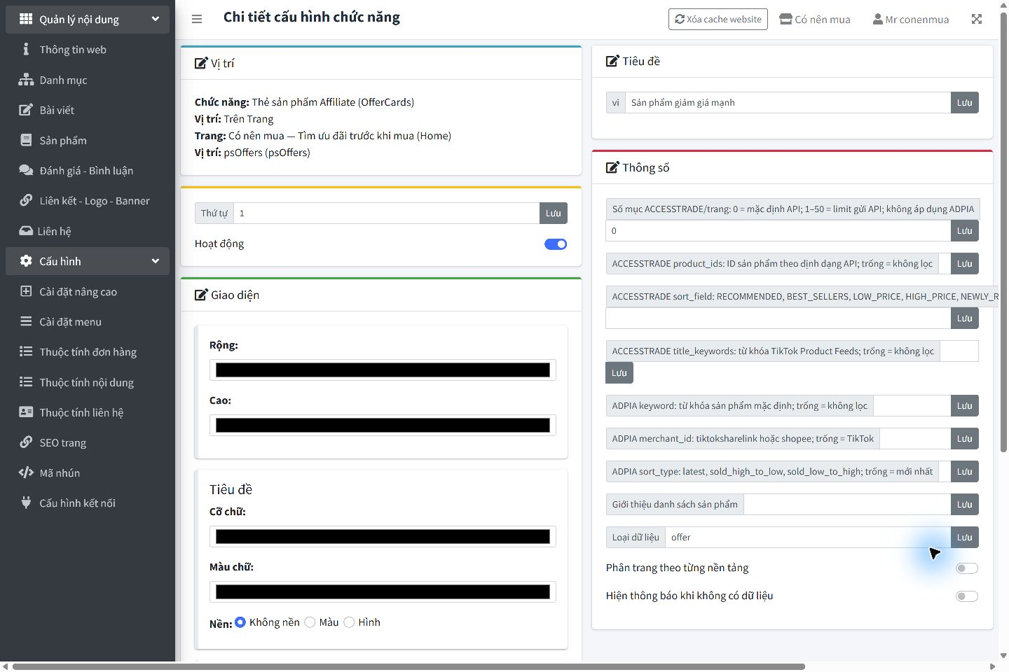 Trang chỉnh sửa chức năng sản phẩm affiliate trong CMS hiển thị vị trí, trạng thái Hoạt động và các thông số riêng cho ADPIA và ACCESSTRADE