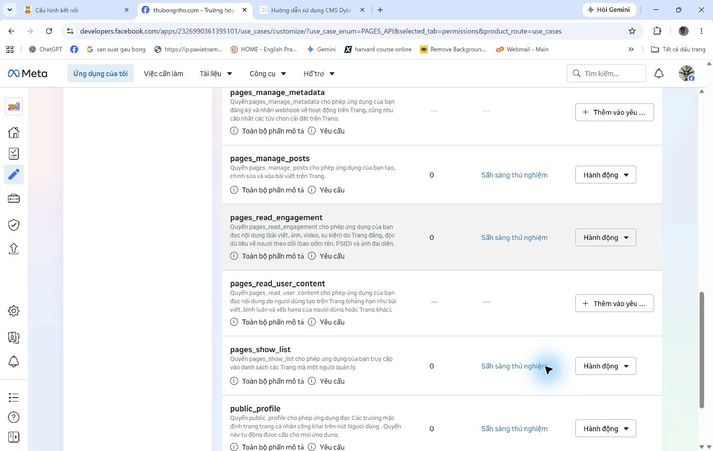Danh sách quyền quản lý Trang của ứng dụng Meta dùng cho kết nối CMS