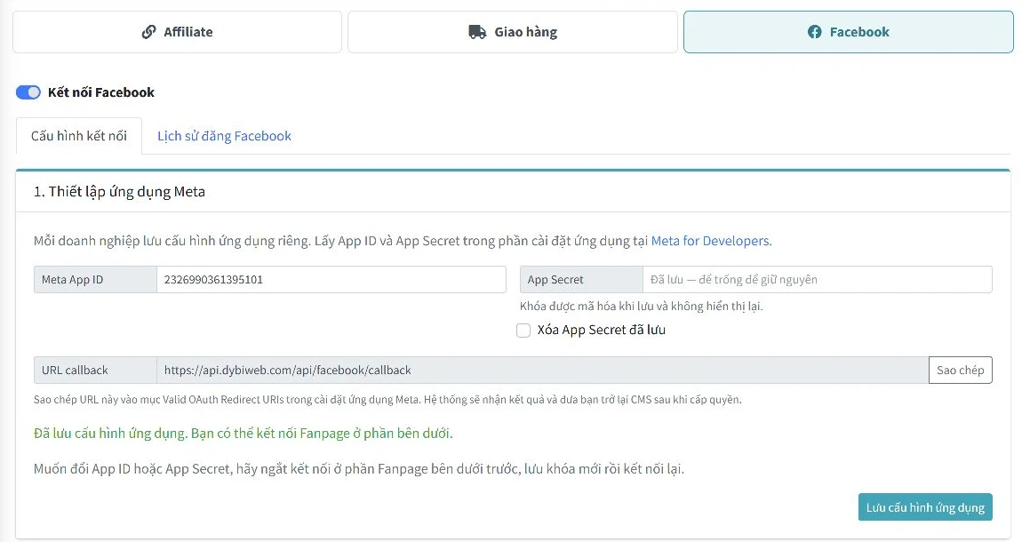 Giao diện cấu hình Facebook với công tắc ở đầu, hai tab con, Meta App ID và App Secret cùng dòng với nhãn, nút lưu canh phải