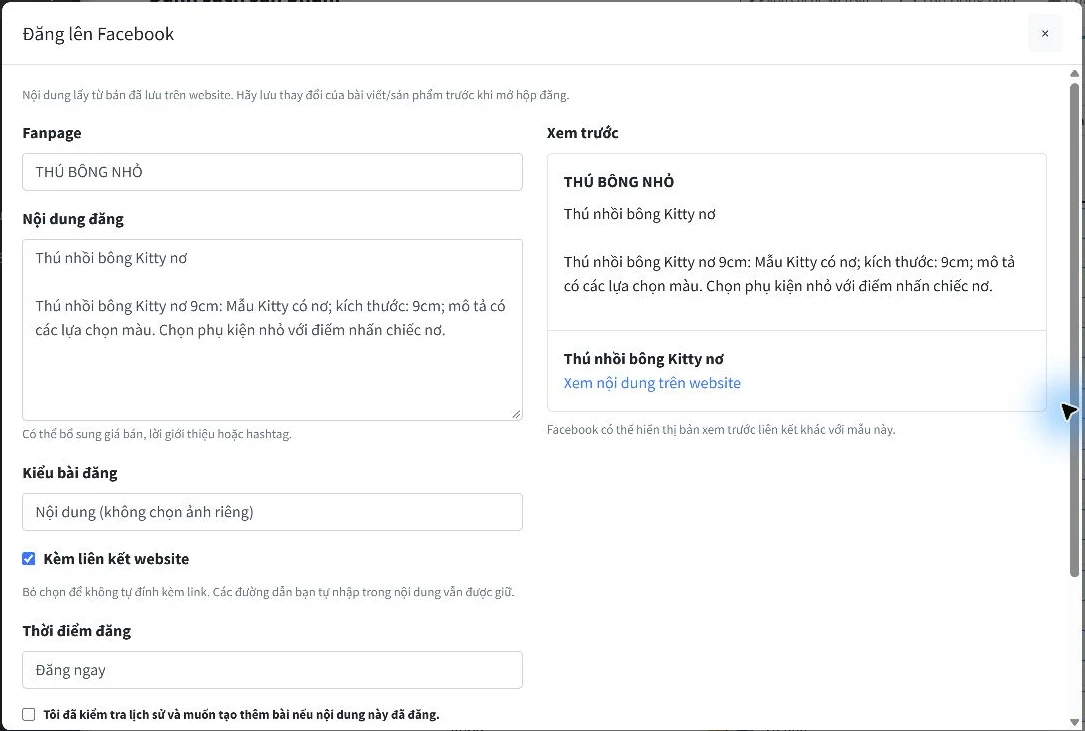 Hộp Đăng lên Facebook với lựa chọn Fanpage, kiểu bài đăng và kèm liên kết website