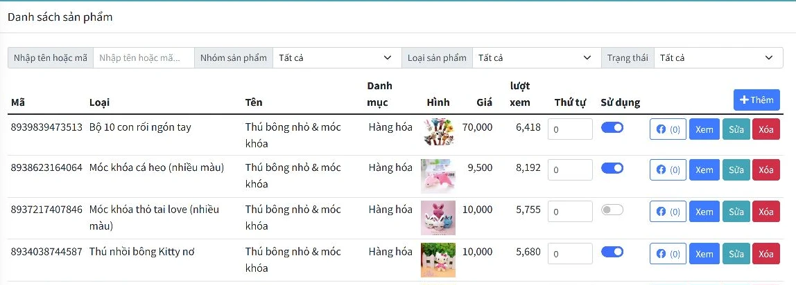 Danh sách sản phẩm có nút biểu tượng Facebook kèm số lần đăng tại từng dòng, cạnh các nút Xem Sửa Xóa