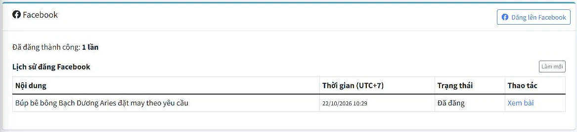 Khung Facebook trong chi tiết sản phẩm hiển thị Đã đăng thành công một lần, nút đăng bên phải và lịch sử có liên kết Xem bài