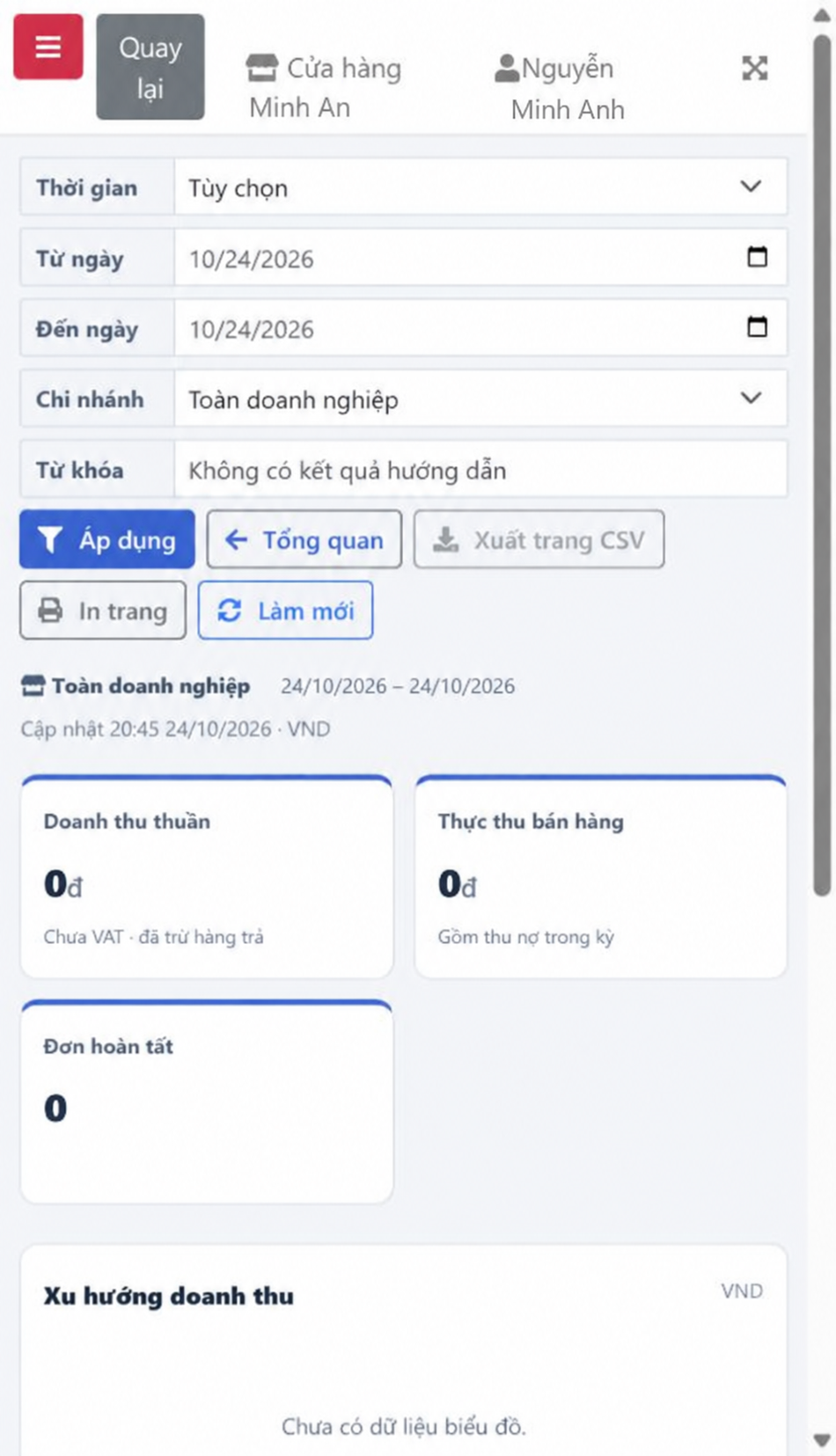 Báo cáo bán hàng và bộ lọc trên Dybi POS