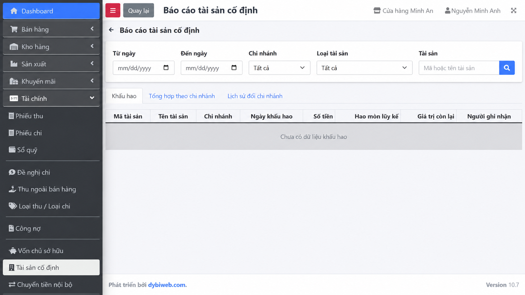 Báo cáo khấu hao tài sản trên Dybi POS