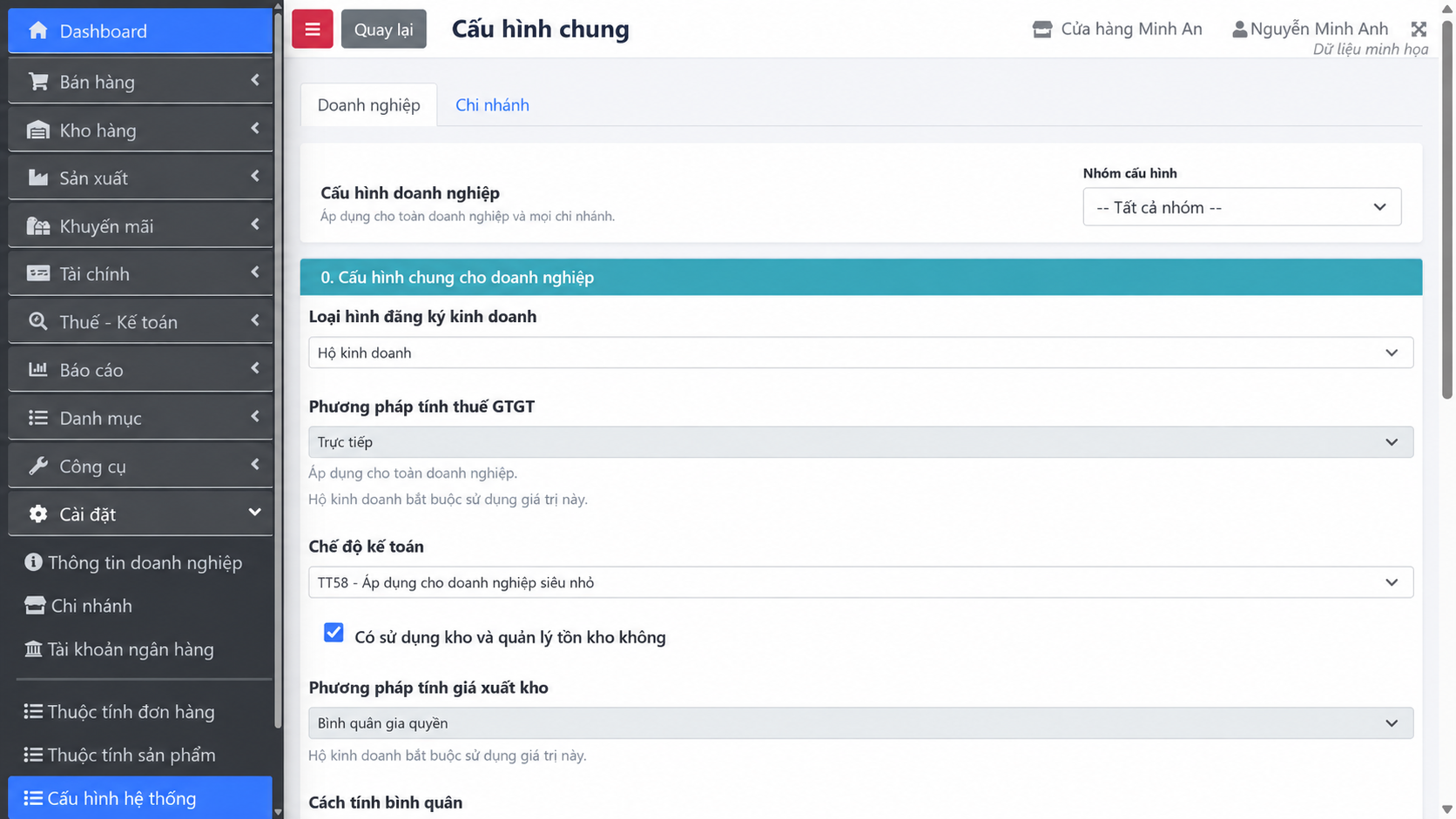 Cấu hình chung doanh nghiệp trên Dybi POS