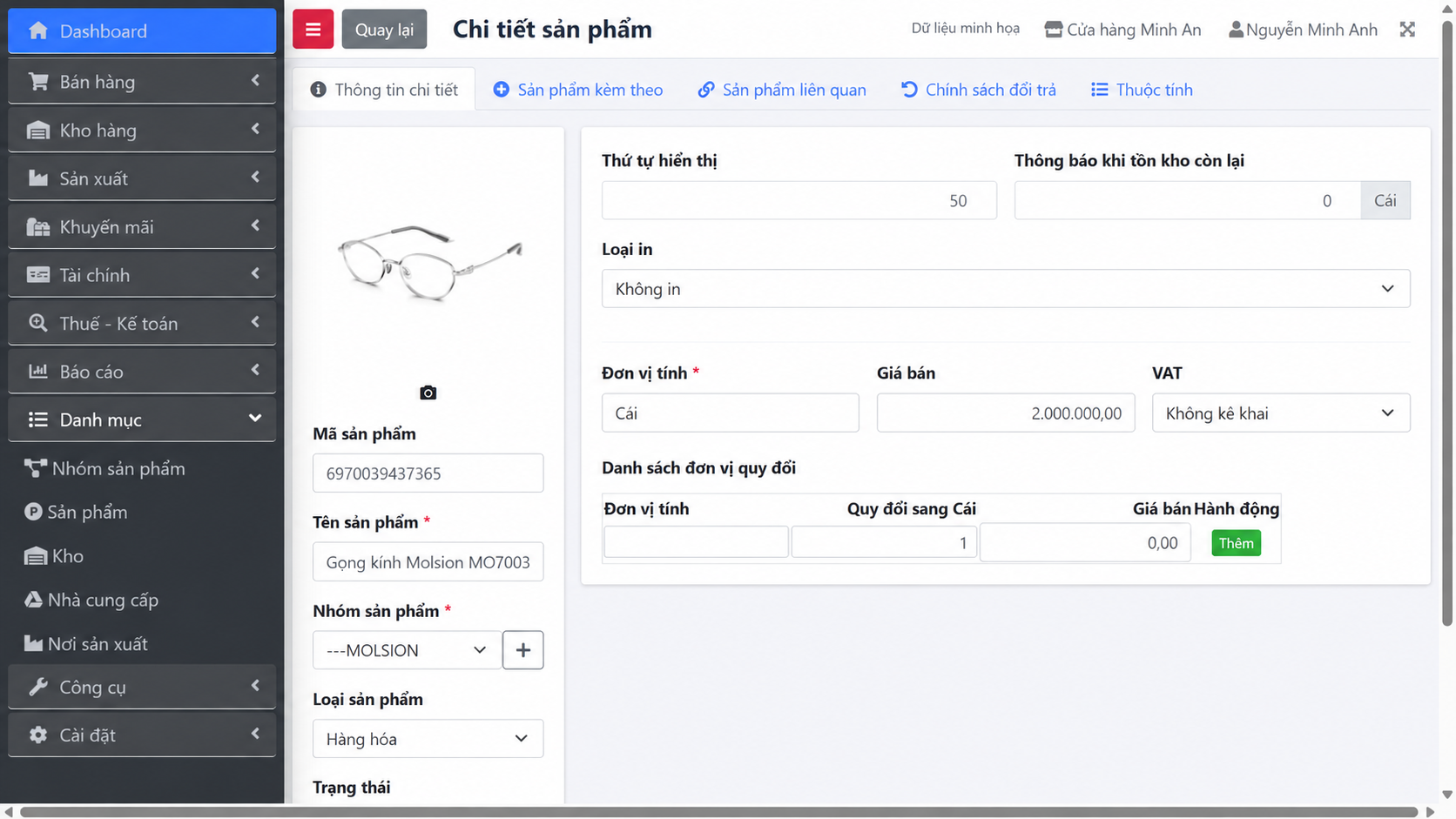 Chi tiết sản phẩm trên Dybi POS