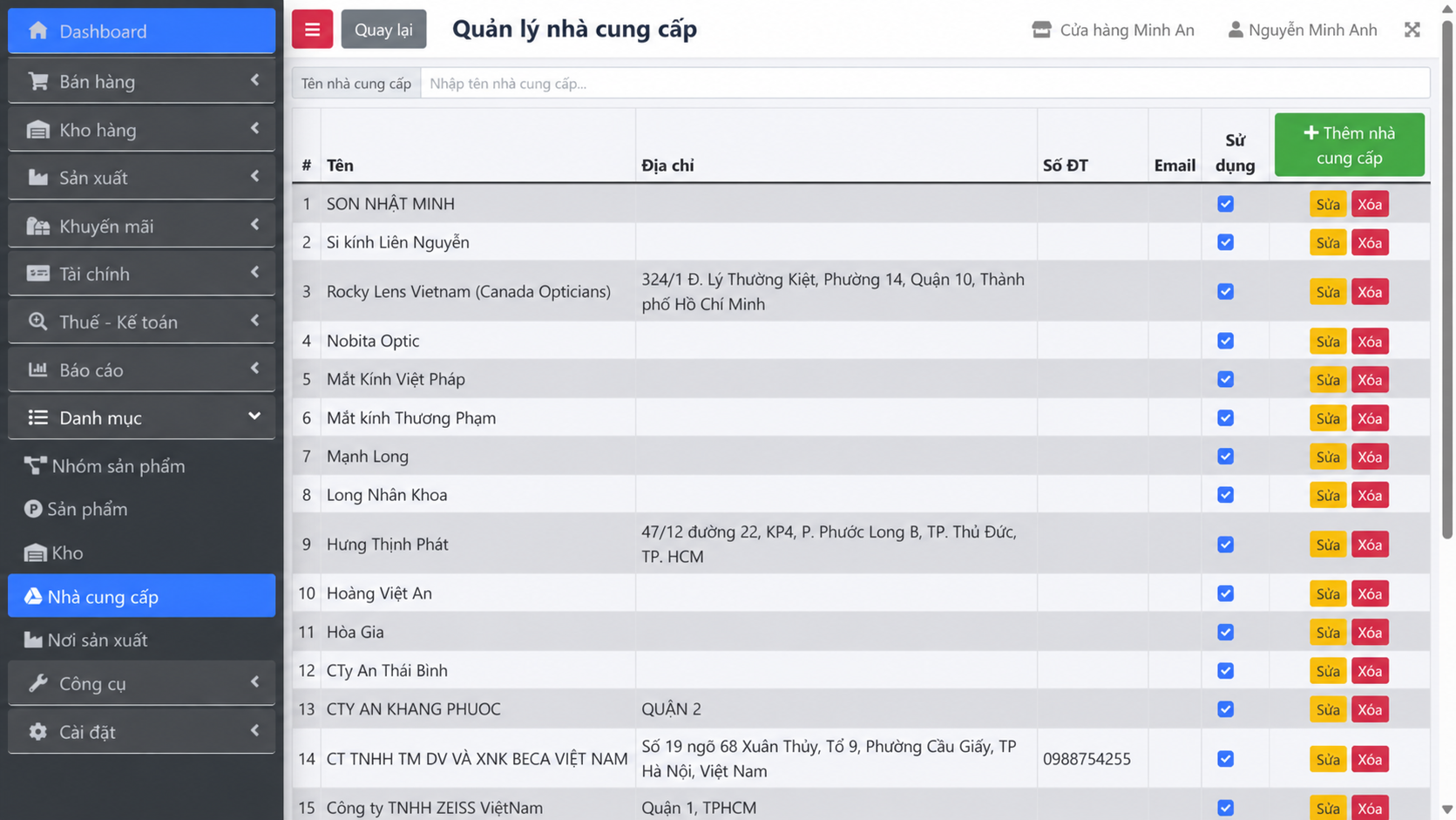 Danh mục nhà cung cấp trên Dybi POS