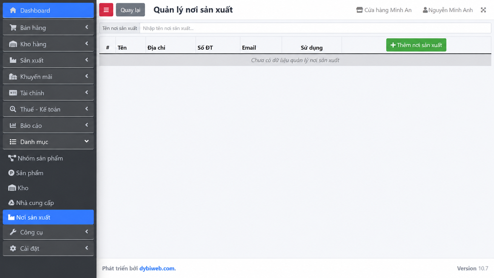 Danh mục nơi sản xuất trên Dybi POS