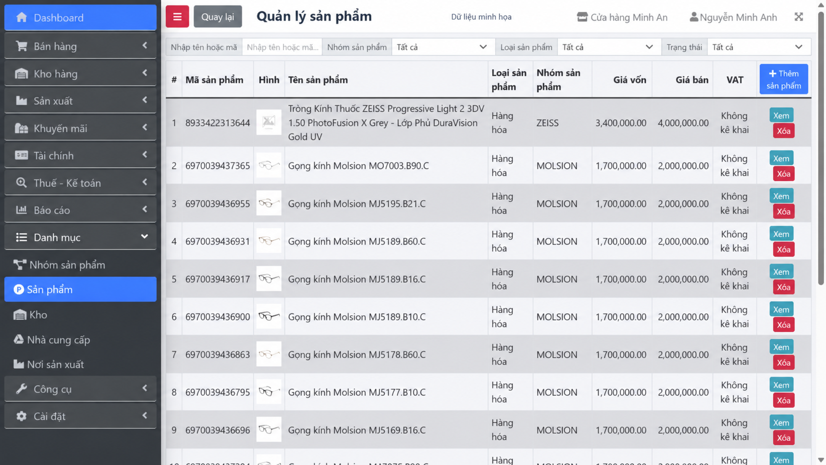 Danh sách sản phẩm trên Dybi POS