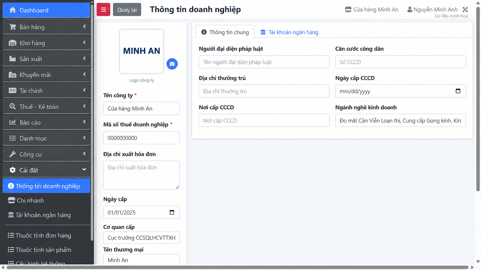 Thông tin doanh nghiệp trên Dybi POS
