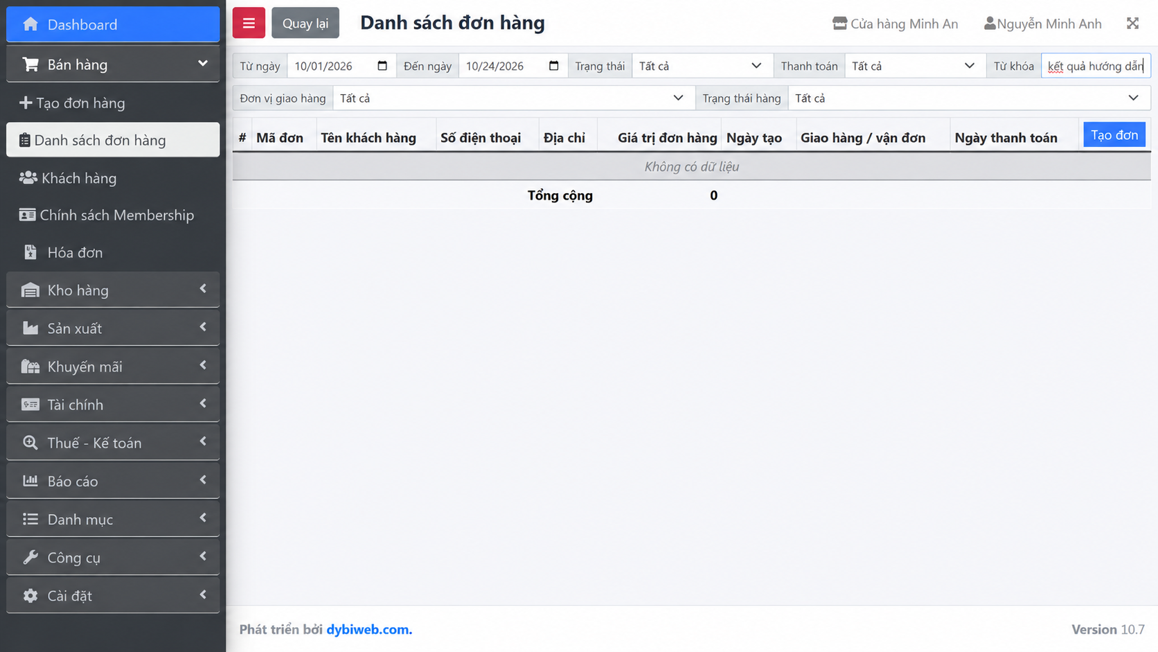 Tra cứu danh sách đơn bán trên Dybi POS