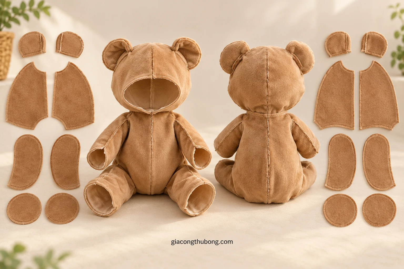 Vỏ chưa nhồi giúp quan sát vị trí tai và đường may mà không lẫn với ảnh hưởng của phần nhồi.