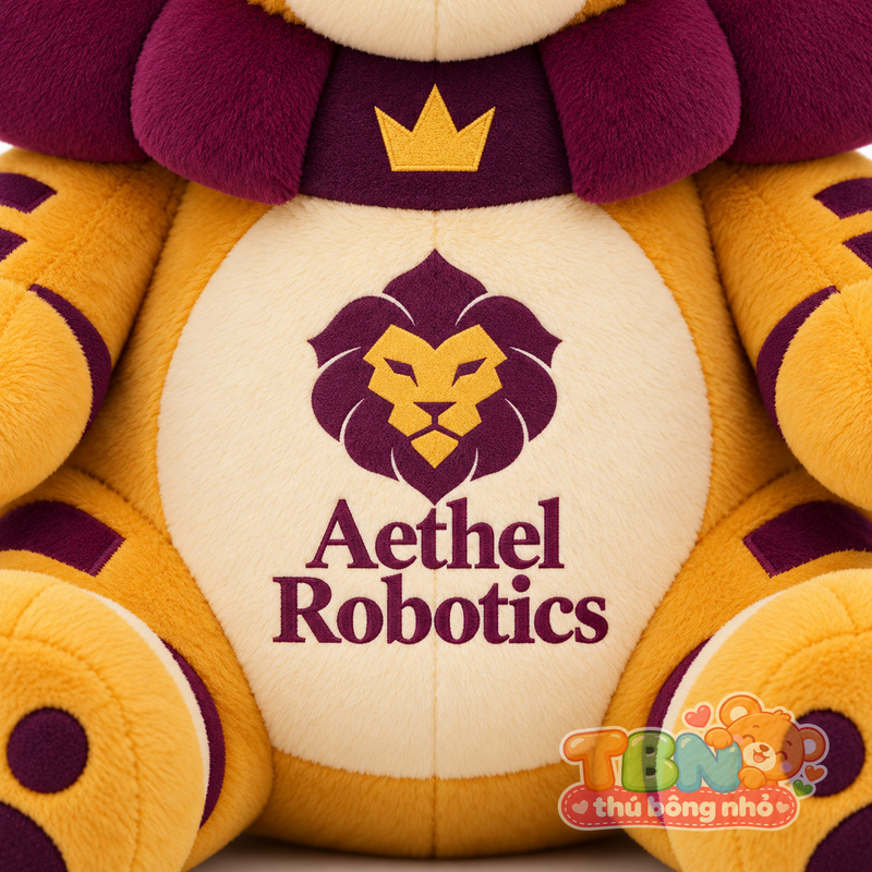 Thú bông Sư tử robot Aethel – chi tiết logo trên mẫu tham khảo