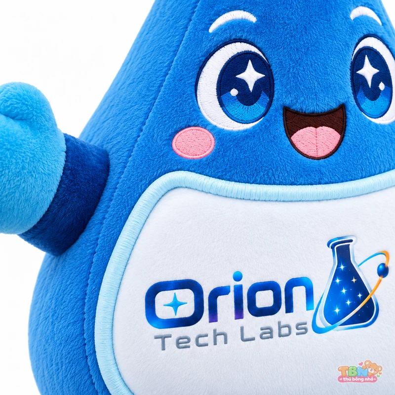 Thú bông bình thí nghiệm Orion Tech Labs theo yêu cầu – chi tiết bề mặt và nhận diện