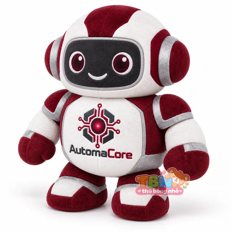 Thú bông robot AutomaCore gắn logo theo yêu cầu – góc nghiêng 45 độ