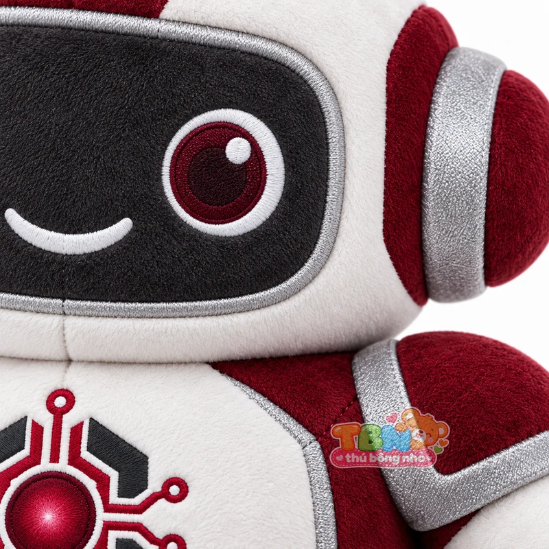 Thú bông robot AutomaCore gắn logo theo yêu cầu – chi tiết bề mặt và nhận diện