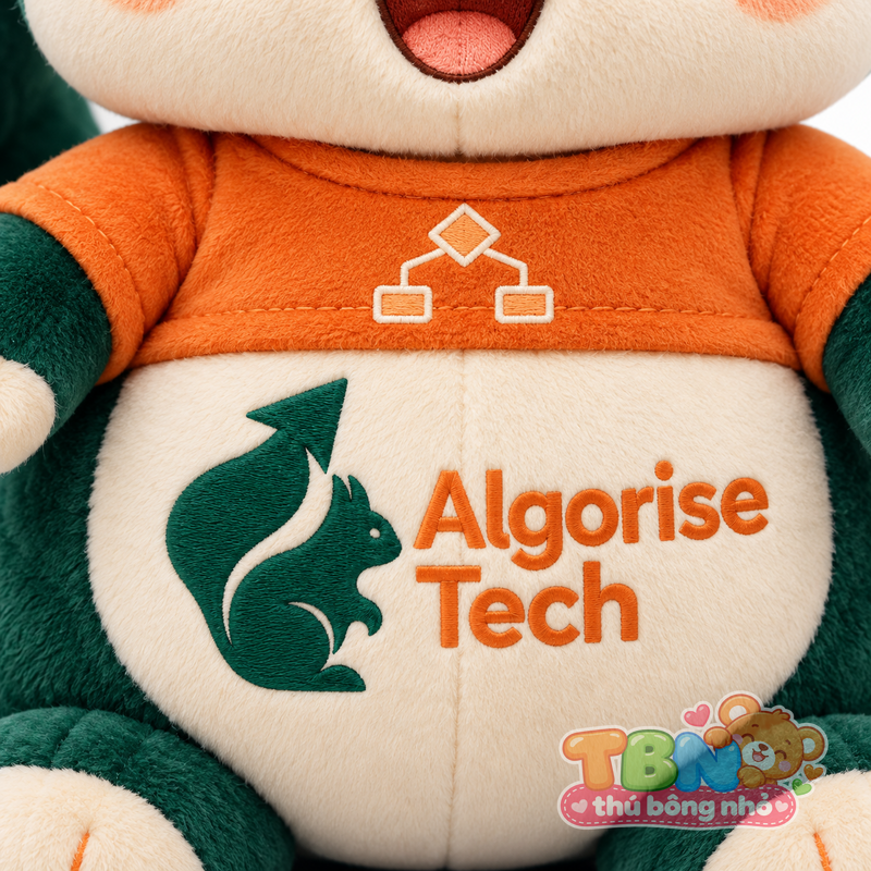 Thú bông Sóc lập trình Algorise – chi tiết logo trên mẫu tham khảo