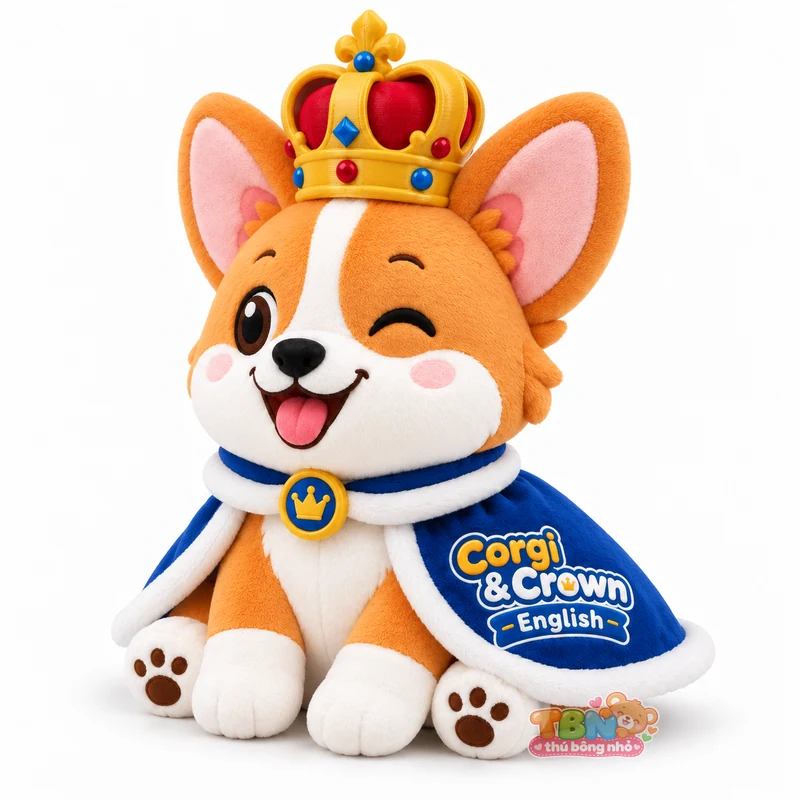 Thú bông Corgi đội vương miện gắn logo theo yêu cầu – góc nghiêng 45 độ