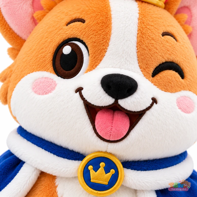Thú bông Corgi đội vương miện gắn logo theo yêu cầu – chi tiết bề mặt và nhận diện