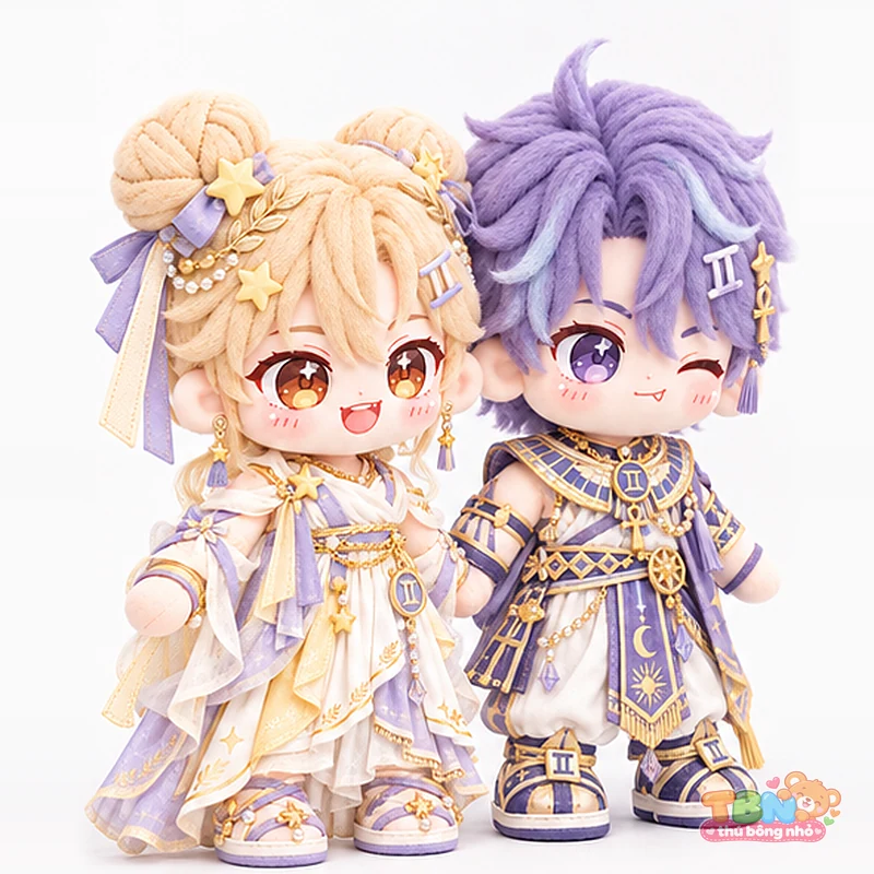Búp bê bông Song Tử cặp chibi vàng tím theo yêu cầu – góc nghiêng 45 độ