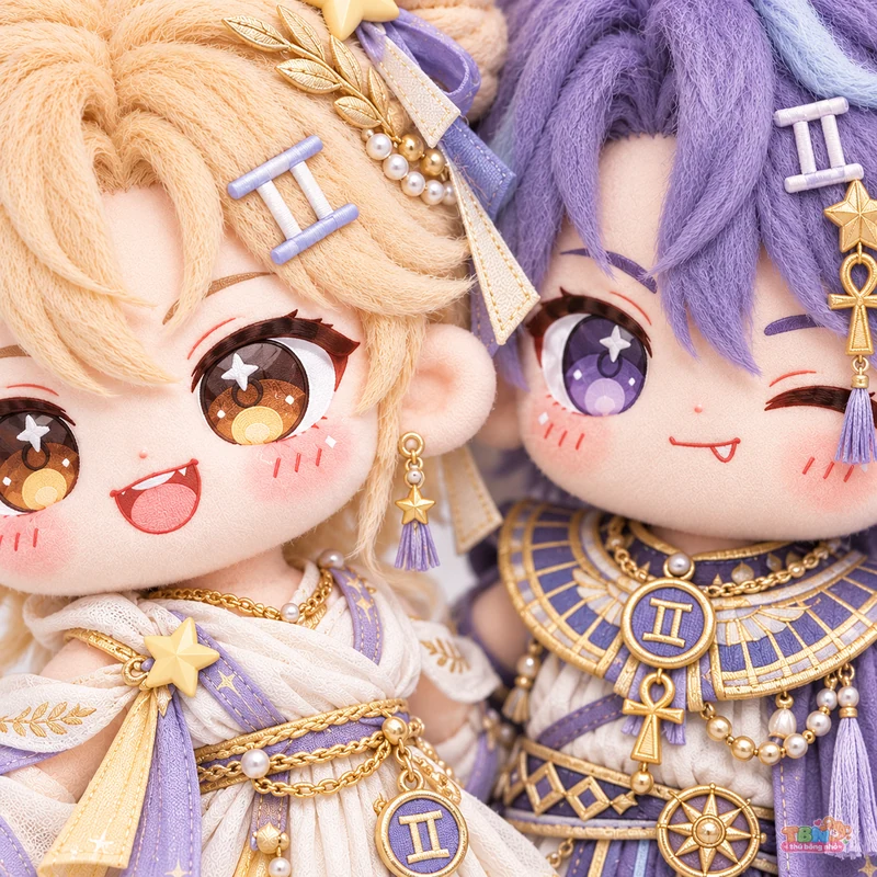 Búp bê bông Song Tử cặp chibi vàng tím theo yêu cầu – chi tiết bề mặt và nhận diện