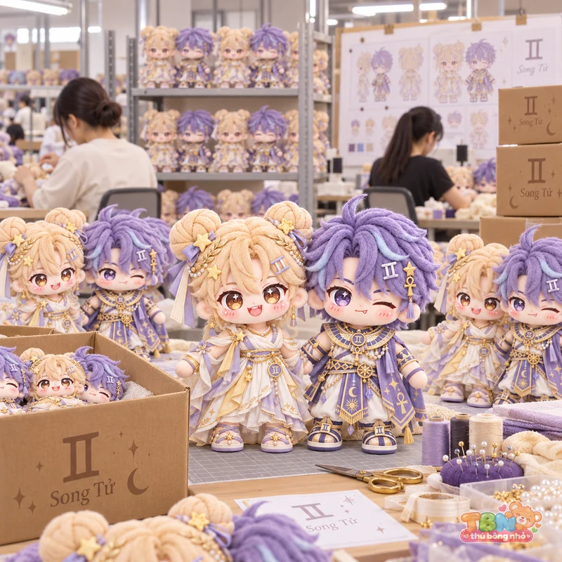 Ảnh bổ sung của Búp bê bông Song Tử cặp chibi vàng tím theo yêu cầu