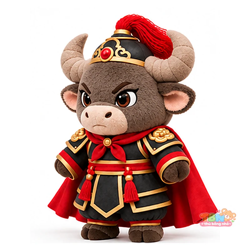 Thú bông Trâu Sửu võ tướng chibi đặt may theo yêu cầu – góc nghiêng 45 độ
