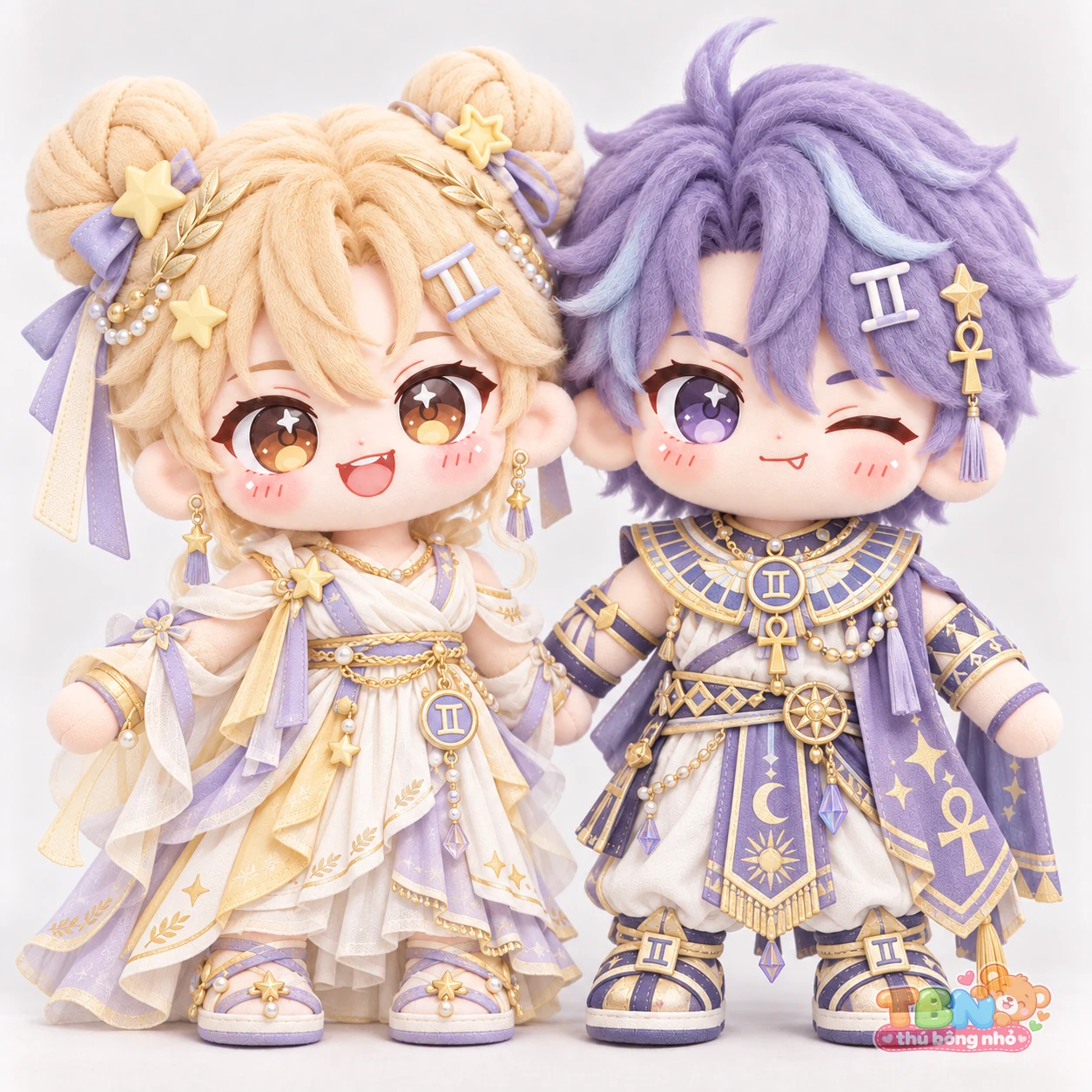 Búp bê bông Song Tử cặp chibi vàng tím theo yêu cầu