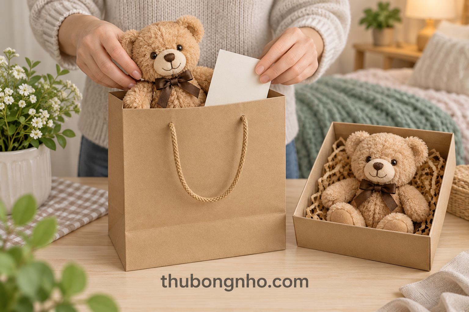 Đóng thử một suất với thú bông và thiệp để kiểm độ vừa và thao tác.