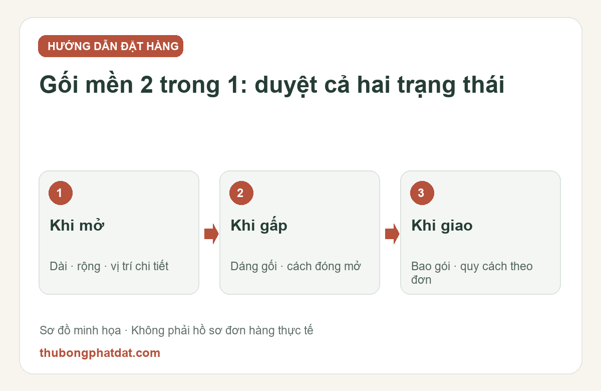 Sơ đồ ba bước duyệt gối mền: mở đo mền, gấp thành gối và kiểm bao gói