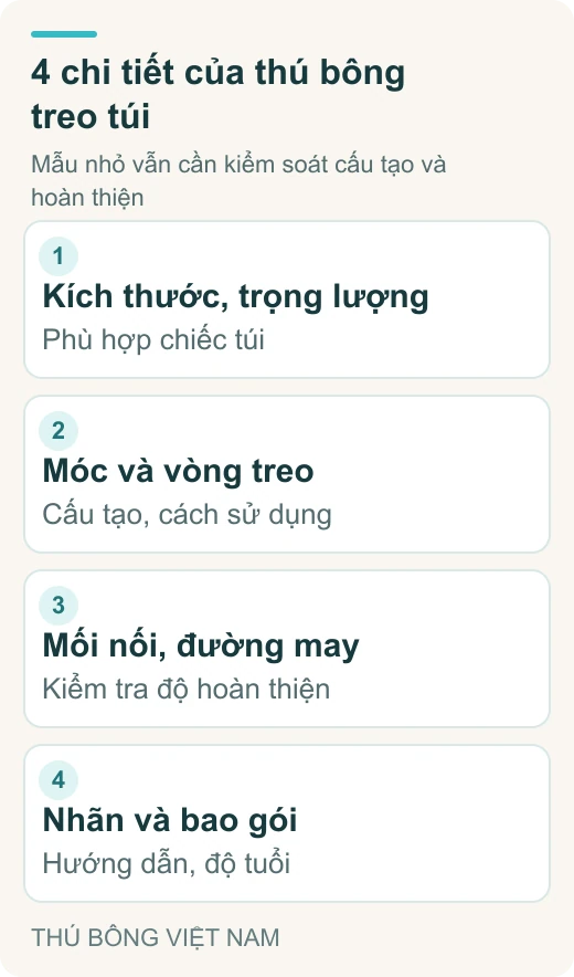 4 chi tiết của thú bông treo túi: Kích thước, trọng lượng – Phù hợp chiếc túi; Móc và vòng treo – Cấu tạo, cách sử dụng; Mối nối, đường may – Kiểm tra độ hoàn thiện; Nhãn và bao gói – Hướng dẫn, độ tuổi