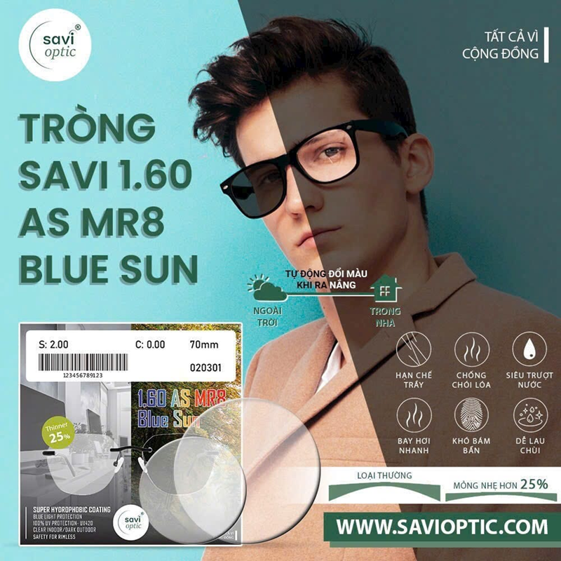 Tròng SAVI 1.60 AS MR8 Blue Sun