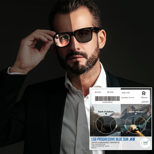 Tròng Kính Đa Tròng Đổi Màu SAVI 1.56 Progressive Blue Sun